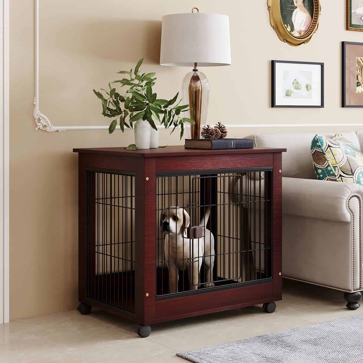 a dog inside the ZSQ Furniture Style Dog Crate