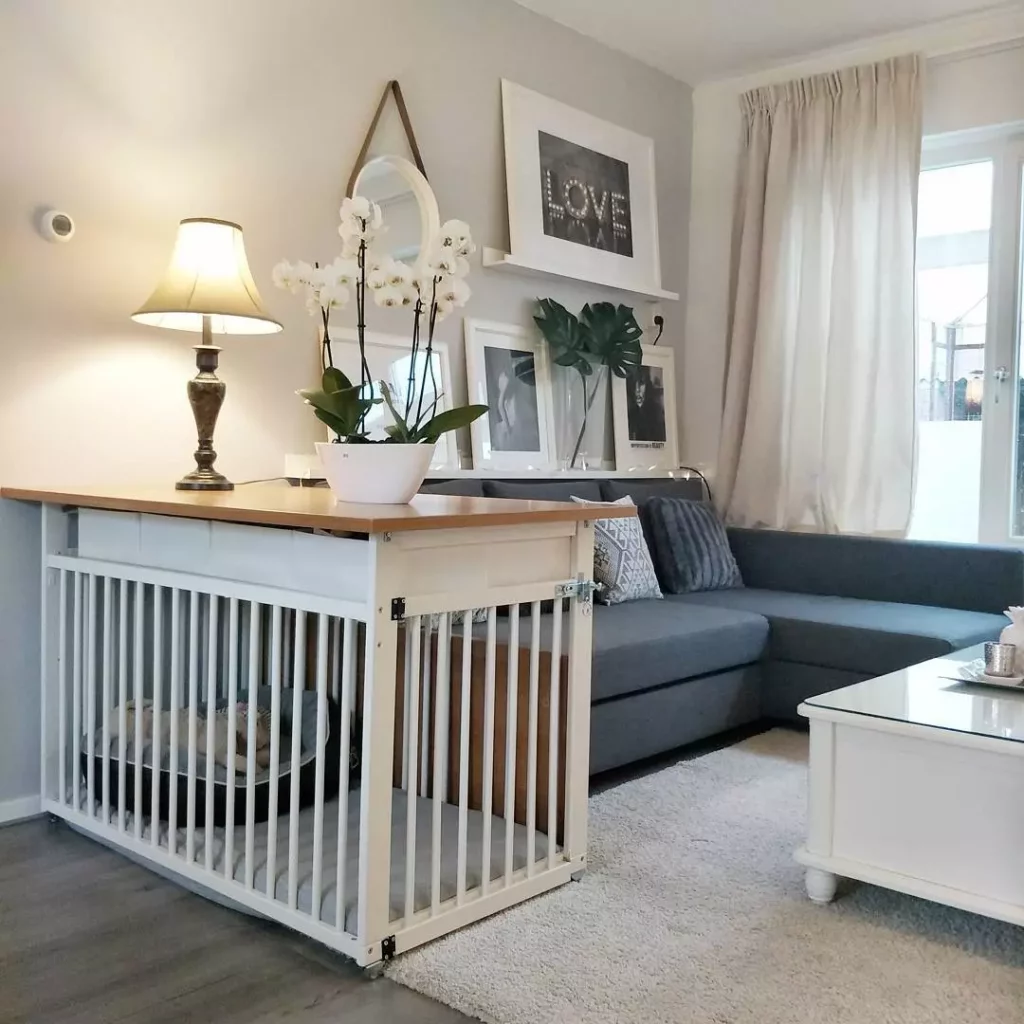 furniture-style dog crate in the living room