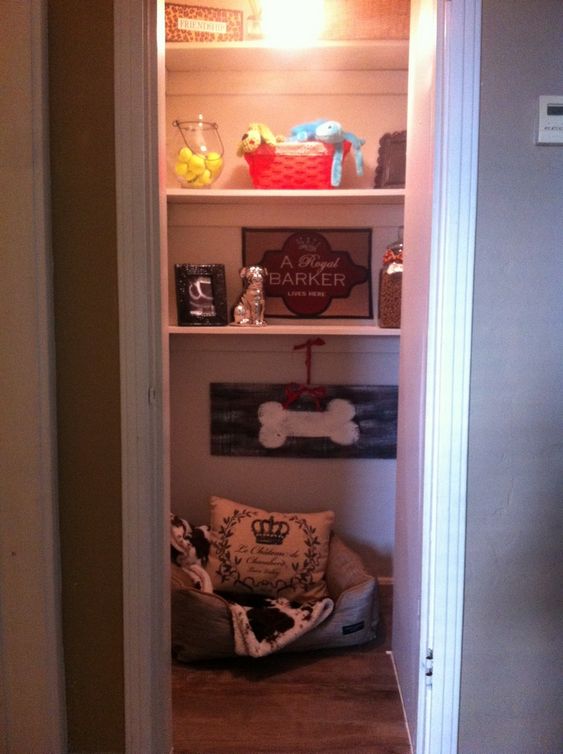 Dog room in the pantry, shelves for dog stuff
